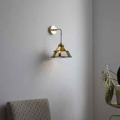 Traditional Tiffany Round Cat Pattern Brass Glass 1-Light Wall Sconce Lamp For Bedroom