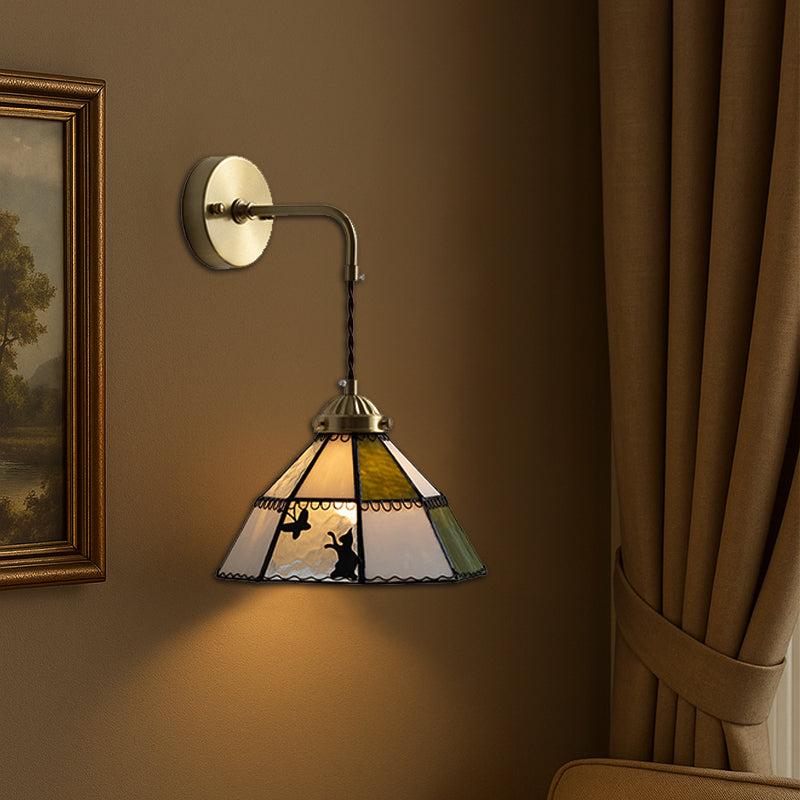 Traditional Tiffany Round Cat Pattern Brass Glass 1-Light Wall Sconce Lamp For Bedroom