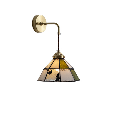 Traditional Tiffany Round Cat Pattern Brass Glass 1-Light Wall Sconce Lamp For Bedroom