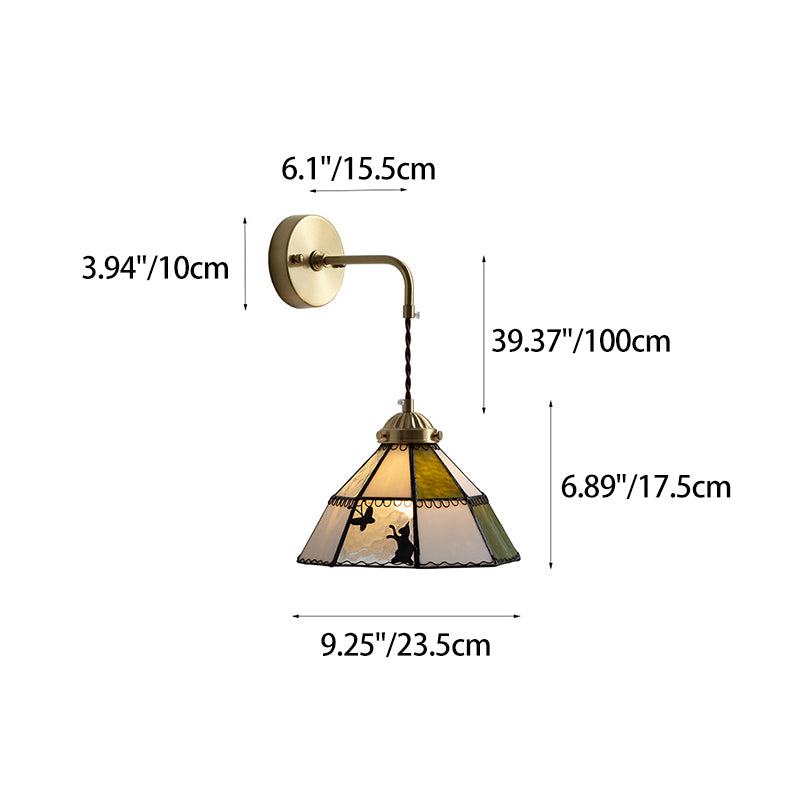 Traditional Tiffany Round Cat Pattern Brass Glass 1-Light Wall Sconce Lamp For Bedroom