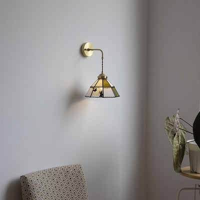 Traditional Tiffany Round Cat Pattern Brass Glass 1-Light Wall Sconce Lamp For Bedroom