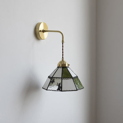 Traditional Tiffany Round Cat Pattern Brass Glass 1-Light Wall Sconce Lamp For Bedroom