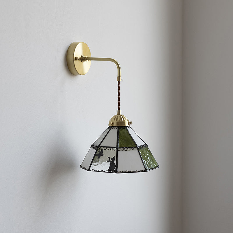 Traditional Tiffany Round Cat Pattern Brass Glass 1-Light Wall Sconce Lamp For Bedroom