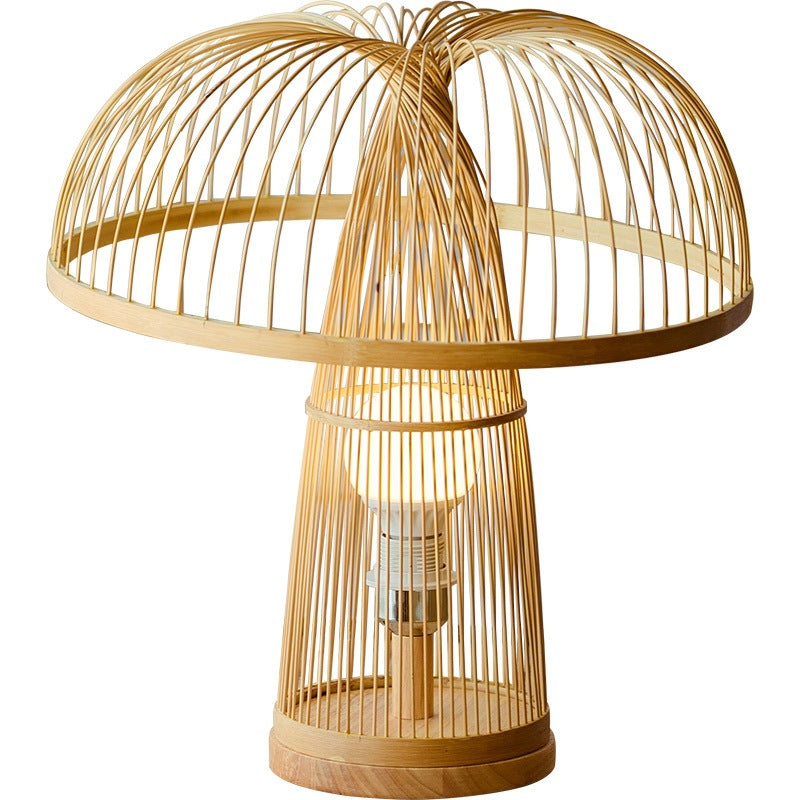 Traditional Japanese Mushroom-Shaped Bamboo Weaving 1-Light Table Lamp For Bedroom