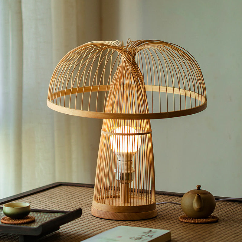 Traditional Japanese Mushroom-Shaped Bamboo Weaving 1-Light Table Lamp For Bedroom