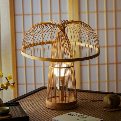 Traditional Japanese Mushroom-Shaped Bamboo Weaving 1-Light Table Lamp For Bedroom