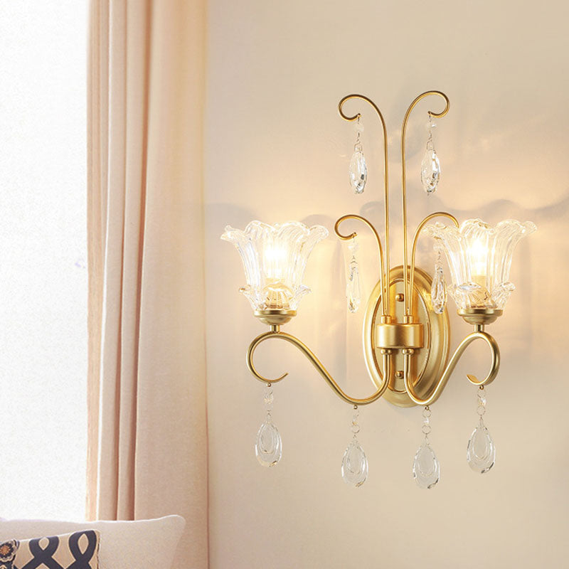 Traditional French Butterfly-Shaped Iron Crystal Glass 2-Light Wall Sconce Lamp For Bedroom
