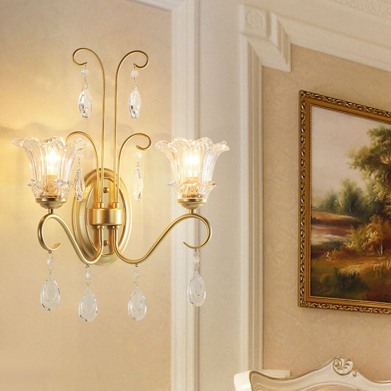 Traditional French Butterfly-Shaped Iron Crystal Glass 2-Light Wall Sconce Lamp For Bedroom