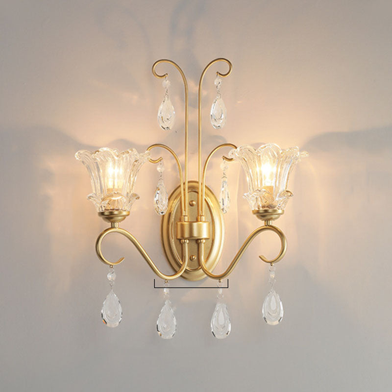 Traditional French Butterfly-Shaped Iron Crystal Glass 2-Light Wall Sconce Lamp For Bedroom