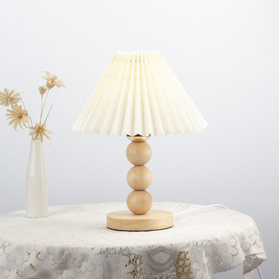 Traditional Vintage Pleated Gourd Shaped Oak Fabric 1-Light Table Lamp For Bedroom
