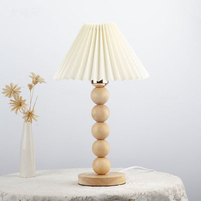 Traditional Vintage Pleated Gourd Shaped Oak Fabric 1-Light Table Lamp For Bedroom