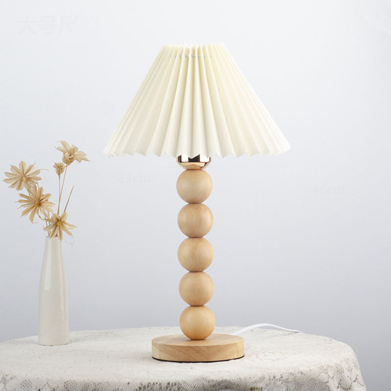 Traditional Vintage Pleated Gourd Shaped Oak Fabric 1-Light Table Lamp For Bedroom