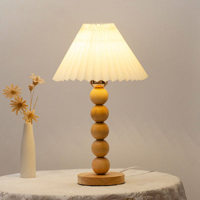 Traditional Vintage Pleated Gourd Shaped Oak Fabric 1-Light Table Lamp For Bedroom