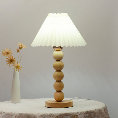 Traditional Vintage Pleated Gourd Shaped Oak Fabric 1-Light Table Lamp For Bedroom