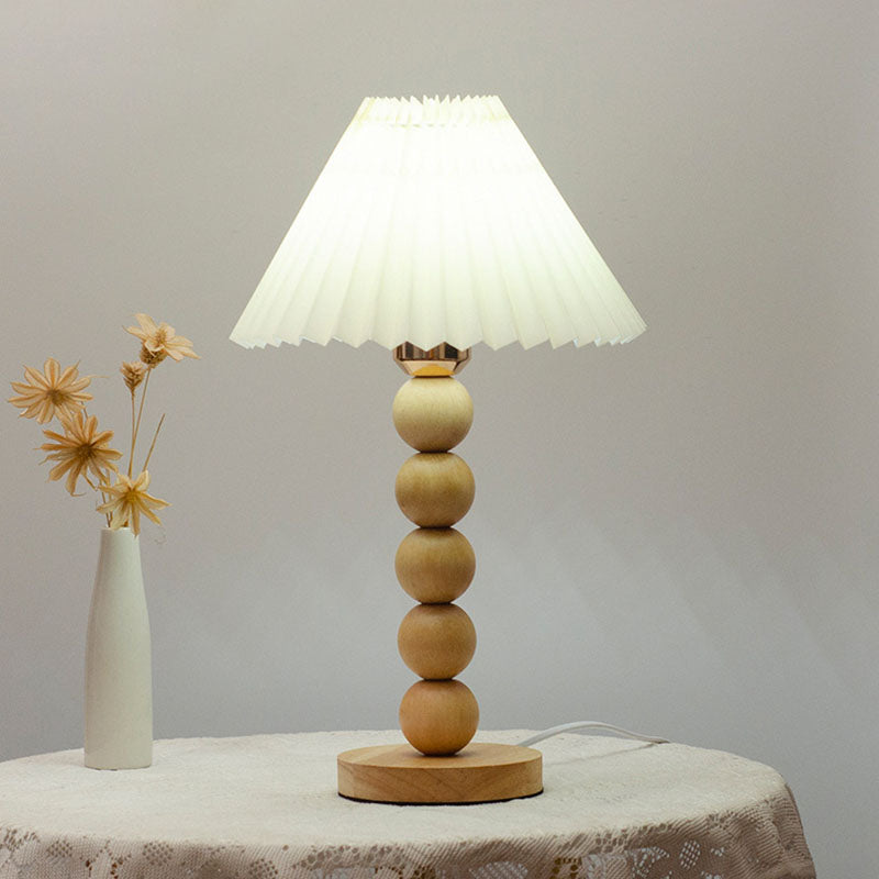 Traditional Vintage Pleated Gourd Shaped Oak Fabric 1-Light Table Lamp For Bedroom