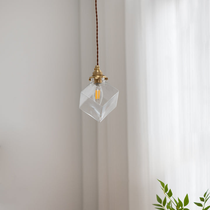 Luminaire suspendu moderne minimaliste carré en métal et verre cuivre à 1 lumière pour le salon 