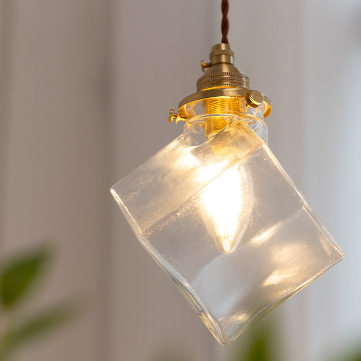 Luminaire suspendu moderne minimaliste carré en métal et verre cuivre à 1 lumière pour le salon 