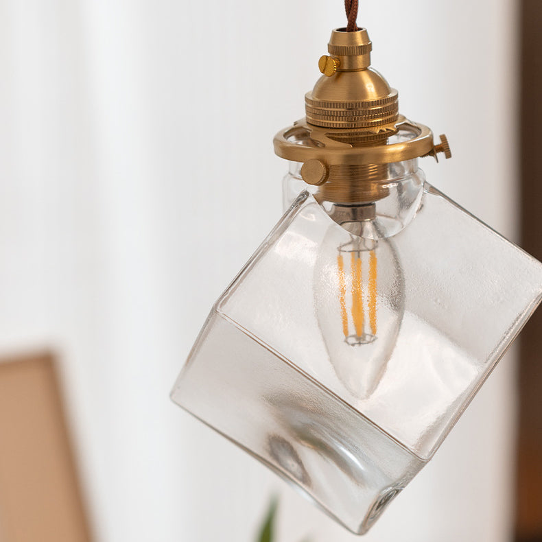 Luminaire suspendu moderne minimaliste carré en métal et verre cuivre à 1 lumière pour le salon 