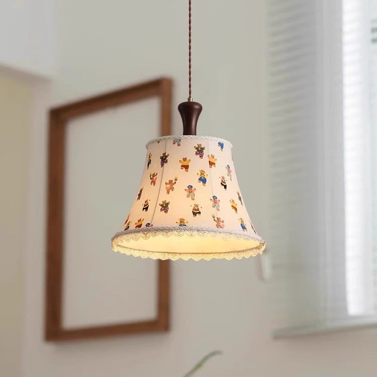 Traditionelle Vintage Kinder Zylindrische Eisen Massivholz Stoff 1-Licht Pendelleuchte Für Schlafzimmer 