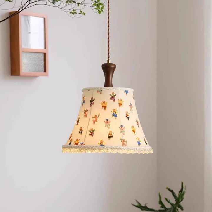 Traditionelle Vintage Kinder Zylindrische Eisen Massivholz Stoff 1-Licht Pendelleuchte Für Schlafzimmer 