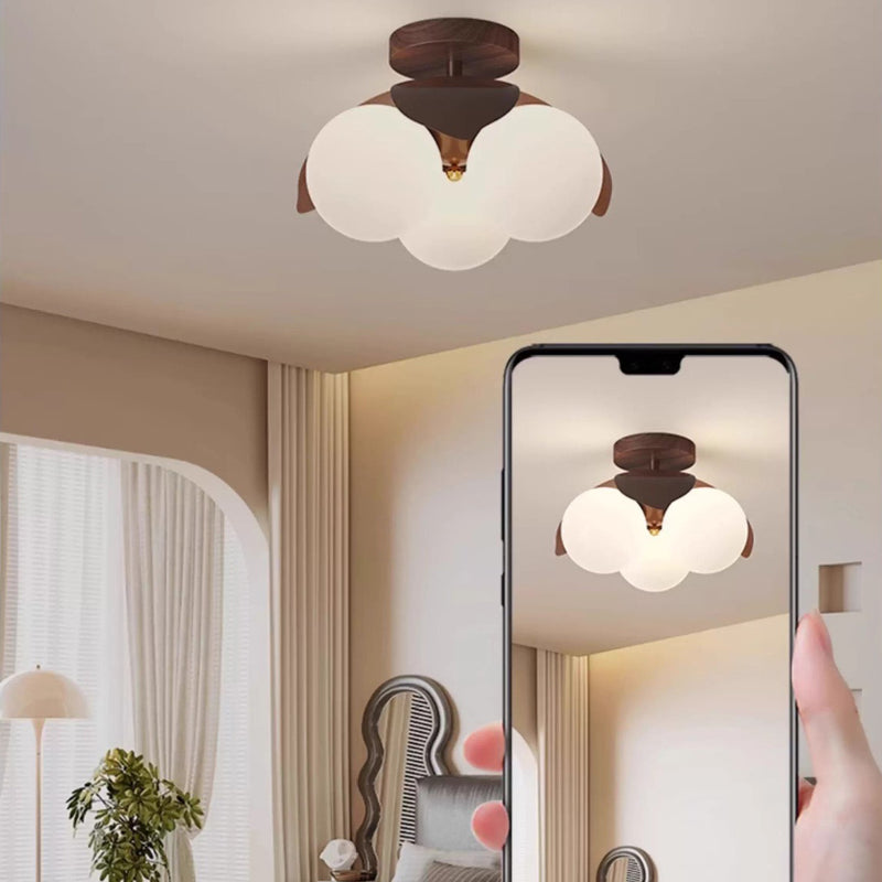 Traditional Vintage Petal-Shaped Spherical Iron PE LED Semi-Flush Mount Ceiling Light For Bedroom