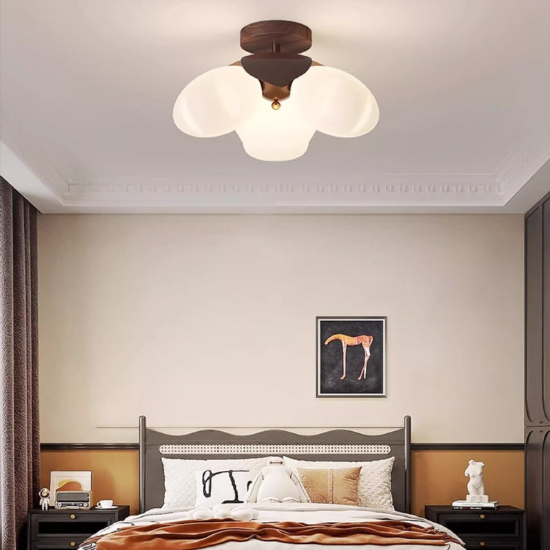 Traditional Vintage Petal-Shaped Spherical Iron PE LED Semi-Flush Mount Ceiling Light For Bedroom