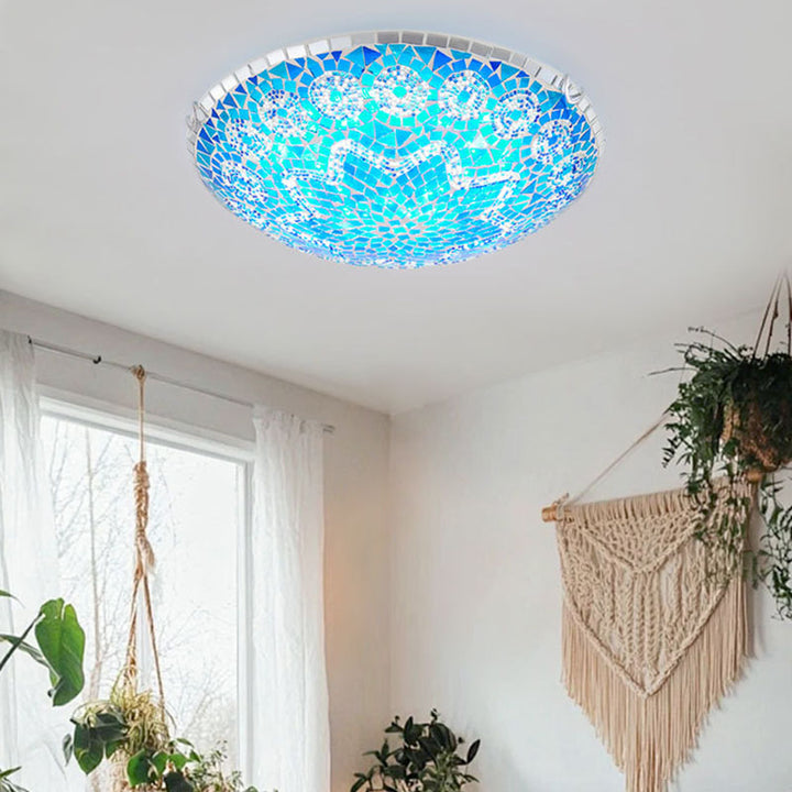 Plafonnier traditionnel Tiffany rond en verre à 2/3/4 lumières pour chambre à coucher 
