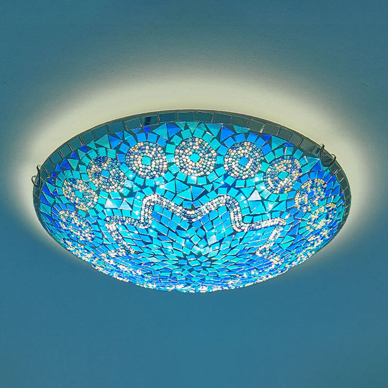 Traditional Tiffany Round Arched Hardware Glass 2/3/4-Light Flush Mount Ceiling Light For Bedroom