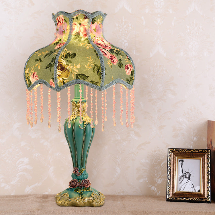 Traditional French Floral Pattern Round Fringe Resin Fabric 1-Light Table Lamp For Bedroom