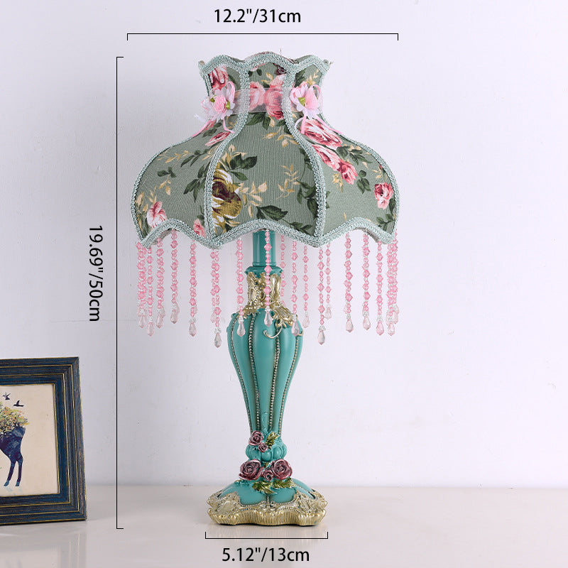 Traditional French Floral Pattern Round Fringe Resin Fabric 1-Light Table Lamp For Bedroom