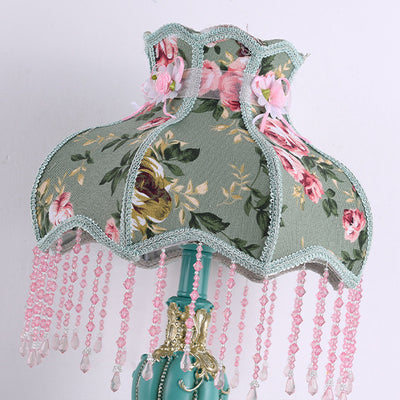 Traditional French Floral Pattern Round Fringe Resin Fabric 1-Light Table Lamp For Bedroom