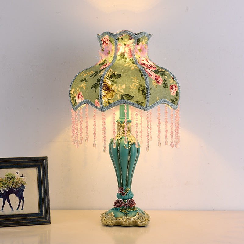 Traditional French Floral Pattern Round Fringe Resin Fabric 1-Light Table Lamp For Bedroom