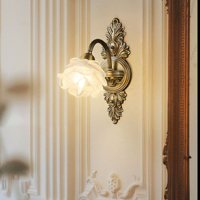 Traditional French Floral-Shaped Copper Glass 1/2-Light Wall Sconce Lamp For Bedroom
