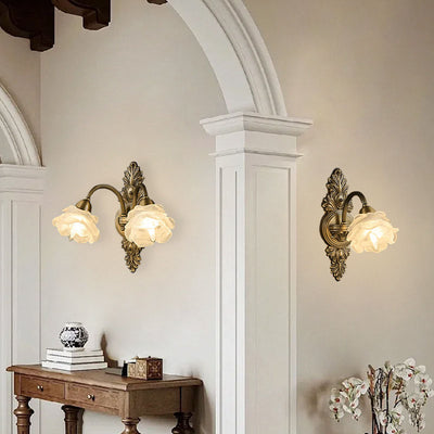 Traditional French Floral-Shaped Copper Glass 1/2-Light Wall Sconce Lamp For Bedroom