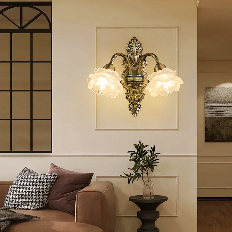 Traditional French Floral-Shaped Copper Glass 1/2-Light Wall Sconce Lamp For Bedroom