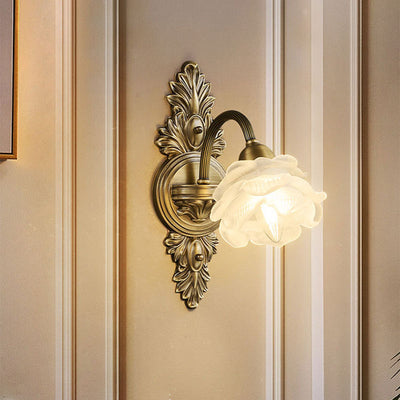 Traditional French Floral-Shaped Copper Glass 1/2-Light Wall Sconce Lamp For Bedroom