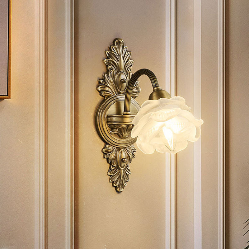 Traditional French Floral-Shaped Copper Glass 1/2-Light Wall Sconce Lamp For Bedroom