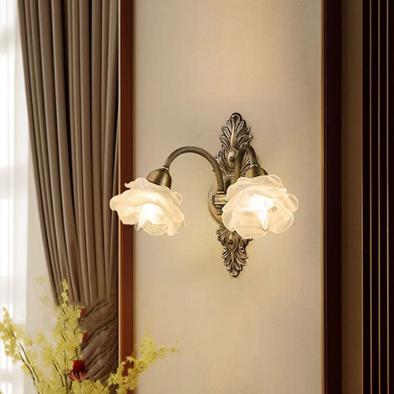 Traditional French Floral-Shaped Copper Glass 1/2-Light Wall Sconce Lamp For Bedroom