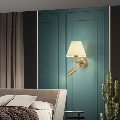 Modern Minimalist Rotatable Round Copper Fabric 1-Light Wall Sconce Lamp For Bedroom