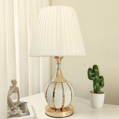 Traditional Vintage Pleated Spherical Ceramic Fabric Metal 1-Light Table Lamp For Bedroom