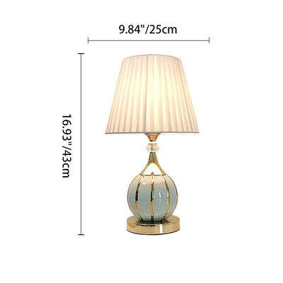 Traditional Vintage Pleated Spherical Ceramic Fabric Metal 1-Light Table Lamp For Bedroom
