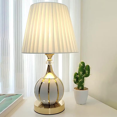 Traditional Vintage Pleated Spherical Ceramic Fabric Metal 1-Light Table Lamp For Bedroom