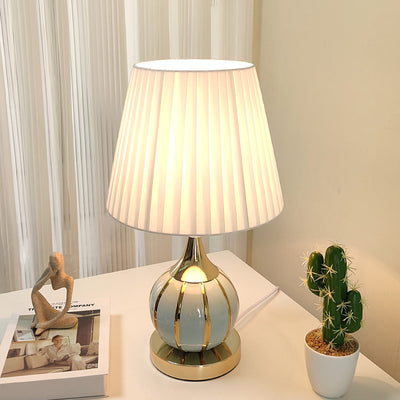 Traditional Vintage Pleated Spherical Ceramic Fabric Metal 1-Light Table Lamp For Bedroom