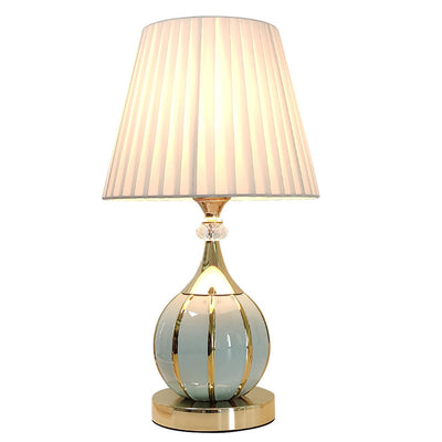 Traditional Vintage Pleated Spherical Ceramic Fabric Metal 1-Light Table Lamp For Bedroom