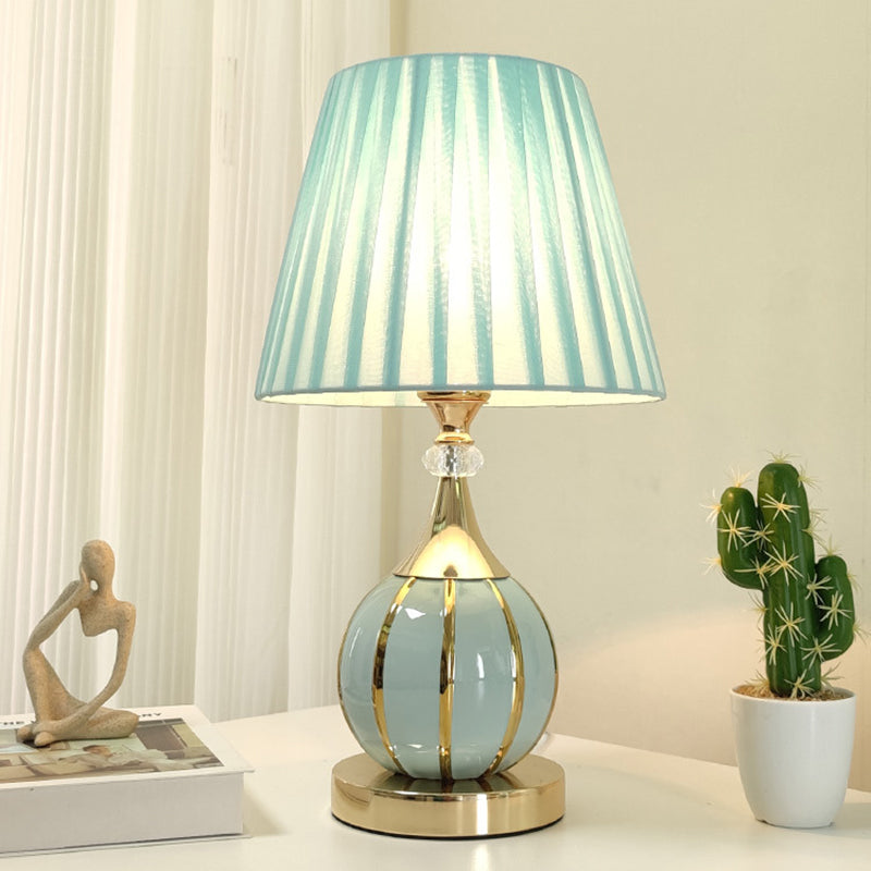 Traditional Vintage Pleated Spherical Ceramic Fabric Metal 1-Light Table Lamp For Bedroom