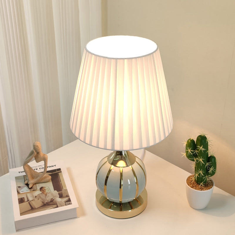 Traditional Vintage Pleated Spherical Ceramic Fabric Metal 1-Light Table Lamp For Bedroom