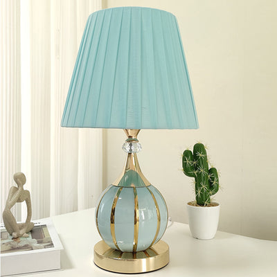 Traditional Vintage Pleated Spherical Ceramic Fabric Metal 1-Light Table Lamp For Bedroom