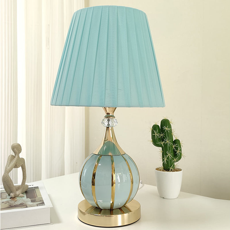 Traditional Vintage Pleated Spherical Ceramic Fabric Metal 1-Light Table Lamp For Bedroom