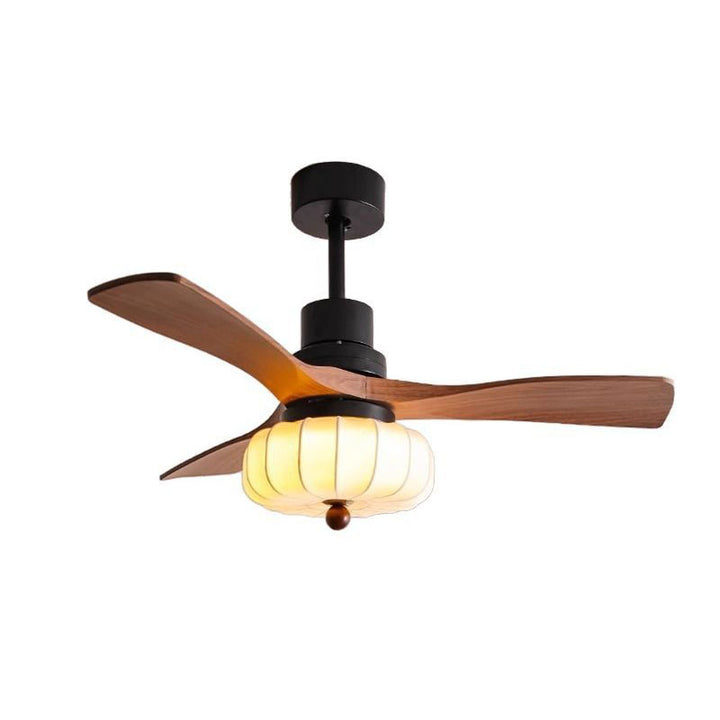 Ventilateur de plafond avec lumière LED, tiges de suspension, en fer rond vintage traditionnel, cuivre, tissu, bois massif, pour chambre à coucher 