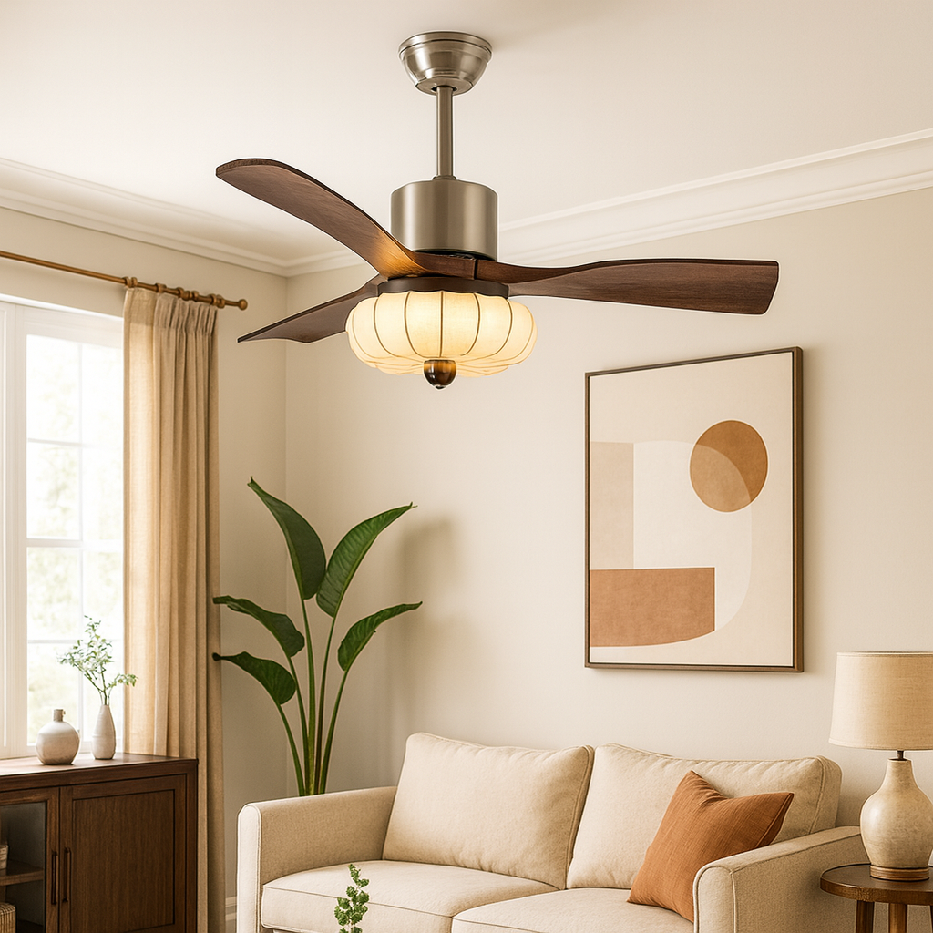 Ventilateur de plafond avec lumière LED, tiges de suspension, en fer rond vintage traditionnel, cuivre, tissu, bois massif, pour chambre à coucher 
